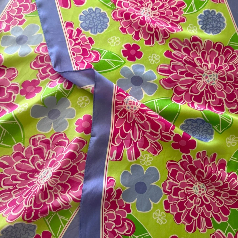 Lilly Pulitzer Ford Warriors in Pink Silk Floral Scarf Pink‎ Green Blue Ribbon